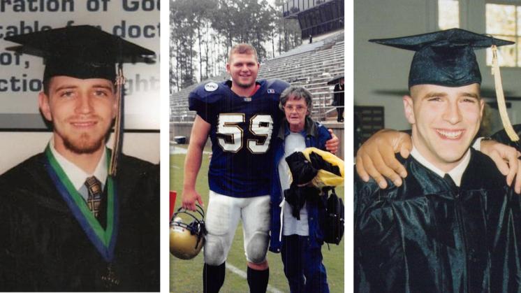 A collage of a young man in a graduation cap and gown, in a football uniform, and in another graduation outfit.
