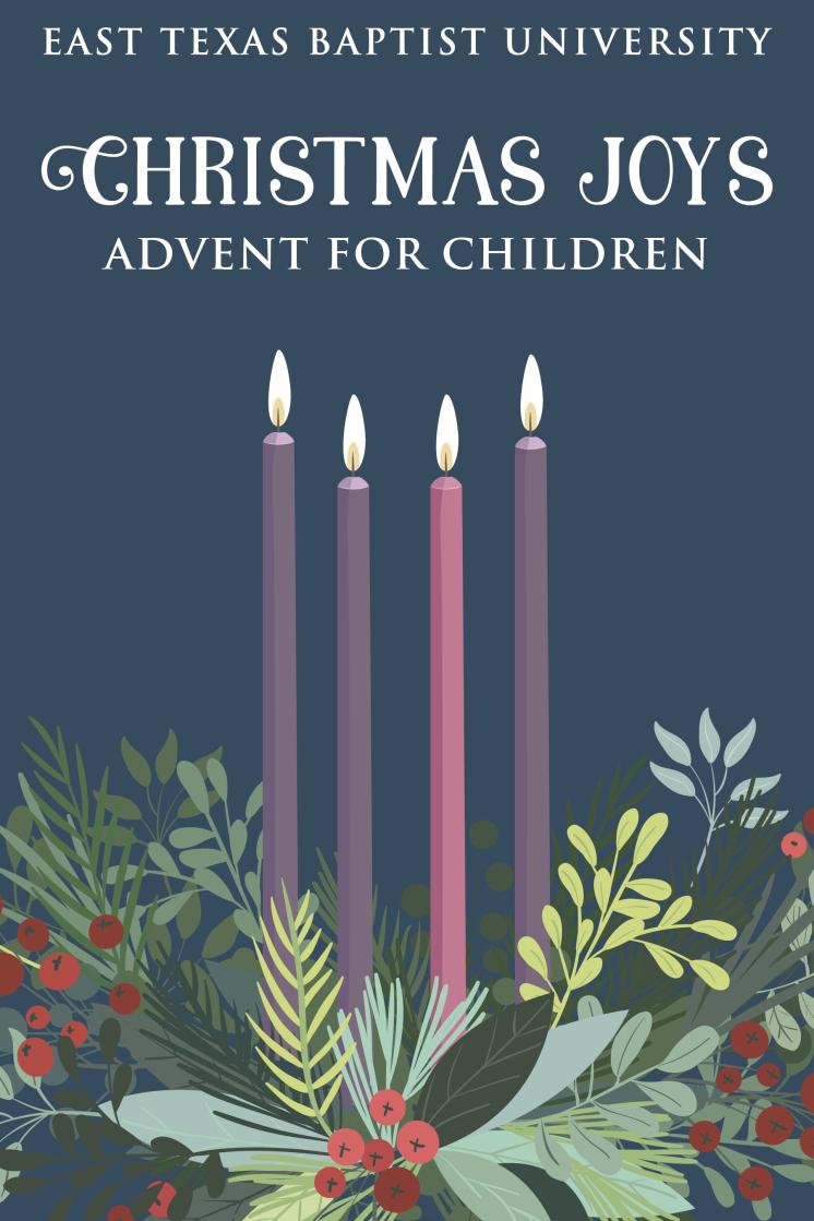 Four candles surrounded by winter foliage with festive text at the top.
