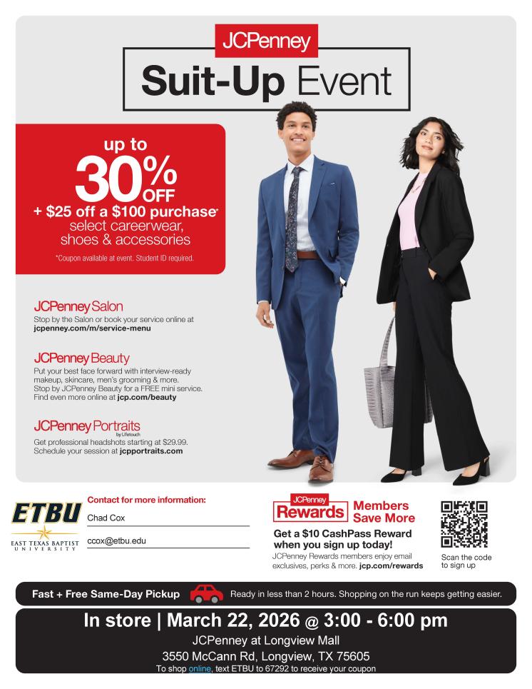 A flyer for the JC Penney Suit Up Event 2026