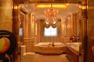 a lavishly decorated room with a chandelier.