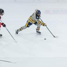 Hockey player in grey and yellow chasing puck as a player in red follows after him.