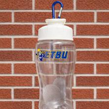 A photo of a waterbottle with carabiner and ETBU logo