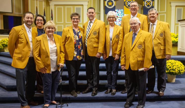 2018 Golden Blazers: Hollie Atkinson (’59), Vince and Susan (Brooks) Blankenship (’85, ’85), Brian and Paula (Matkin) Nichols (’73, ’72), Martha “Marty” (Hedgecock) Rich (’63), Will and Ruthie (Meeks) Walker (’03, ’02), and Don Anthis (’67). These alumni have provided $10,000 of financial support to the University and countless volunteer hours. 