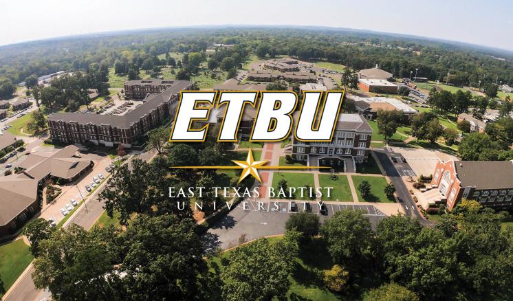 An aerial shot of ETBU with the star and bar logo