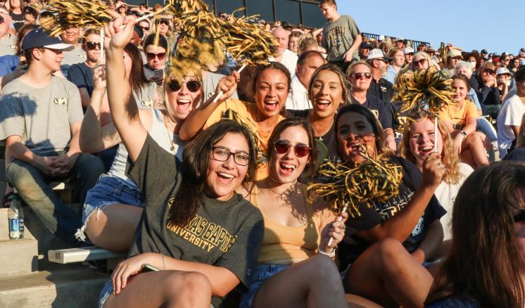 A group of people at a stadium cheering with gold and black pom-poms.