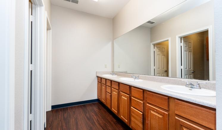 Bathroom with a long countertop, two sinks, wooden cabinets, large mirror, and dark wood flooring.
