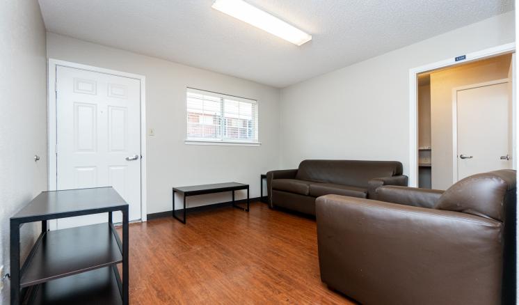 A minimalist living room with a brown couch, armchair, and a black coffee table, featuring wood floors and light gray walls.