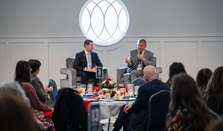 ETBU President J Blair Blackburn engages Senator Joes Manchin in a Q&A