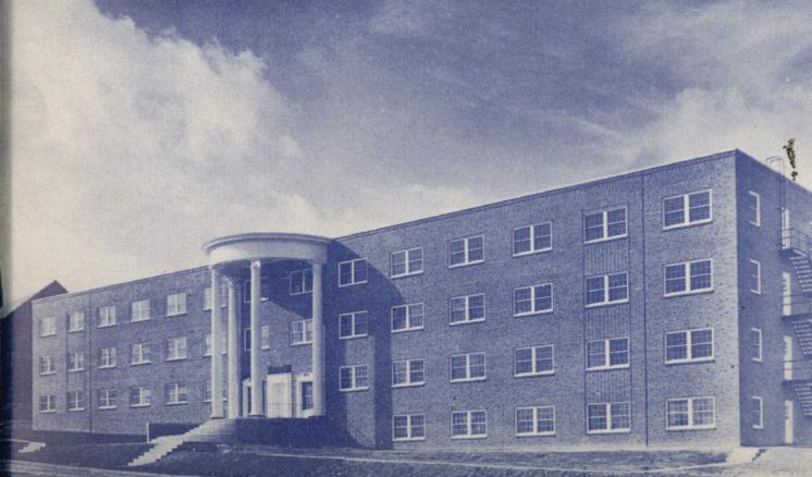 feagin1952_3.jpg Historical black and white photo of the front of Feagin Hall at East Texas Baptist University, a red brick building with white columns.