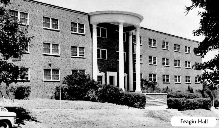 feagin_61.jpg Historical black and white photo of the front of Feagin Hall at East Texas Baptist University, a red brick building with white columns.