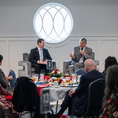 ETBU President J Blair Blackburn engages Senator Joes Manchin in a Q&A