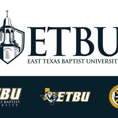 A logo graphic featuring all of the various logos of ETBU. A white and blue background with similar logos