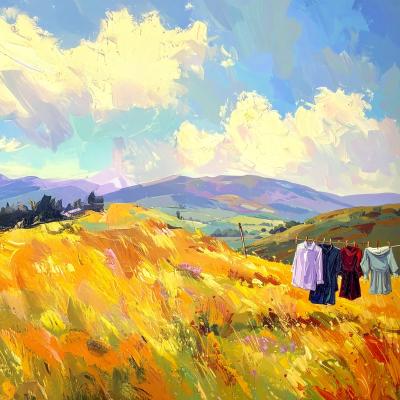 A painting oil on canvas of a field and sky with a clothesline running through it