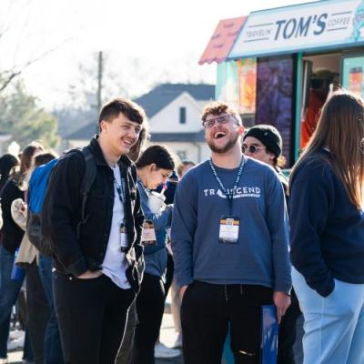 Students standing in line for coffee truck