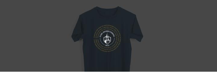 ETBU Homecoming Tshirt Mockup featuring ETBU's shield with the lyrics of the alma mater surrounding it