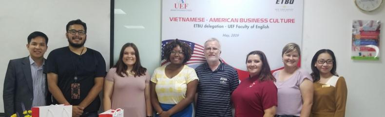 ETBU Dean and Professor of Business Administration Barry Evans, Assistant Professor of History Jenny Hoover, and their students participate in a joint forum with faculty and students of the University of Economics and Finance. 