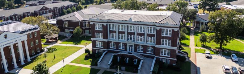 Aerial shot of Marshall Hall positioned at the center of ETBU's Campus