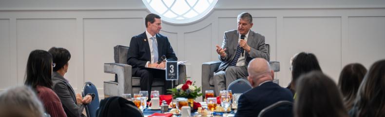 ETBU President J Blair Blackburn engages Senator Joes Manchin in a Q&A